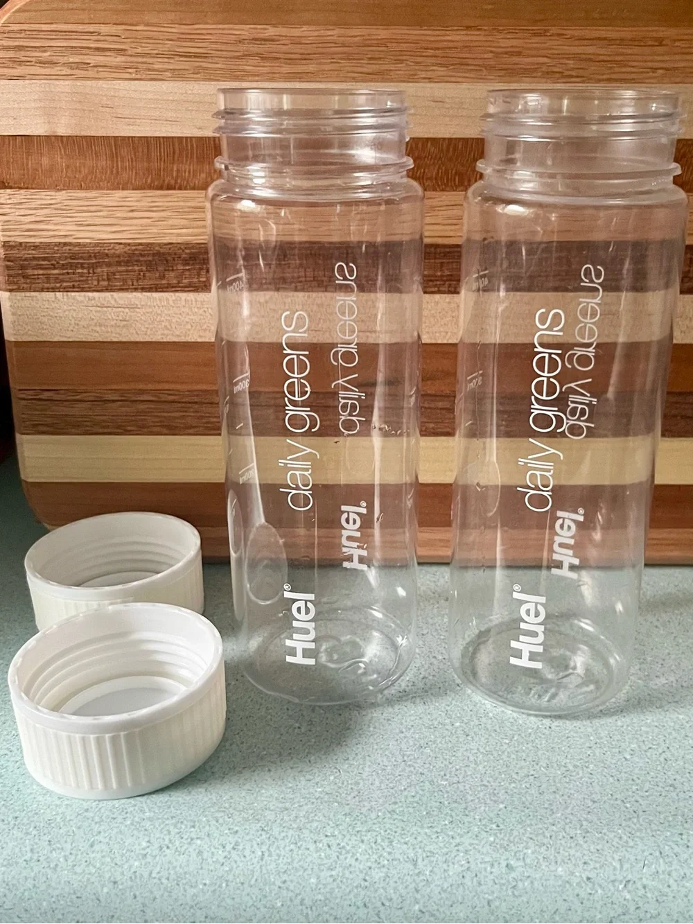 2 Huel Daily Greens Bottles BPA Free Clear with White Lid Dishwasher Safe 13.5oz